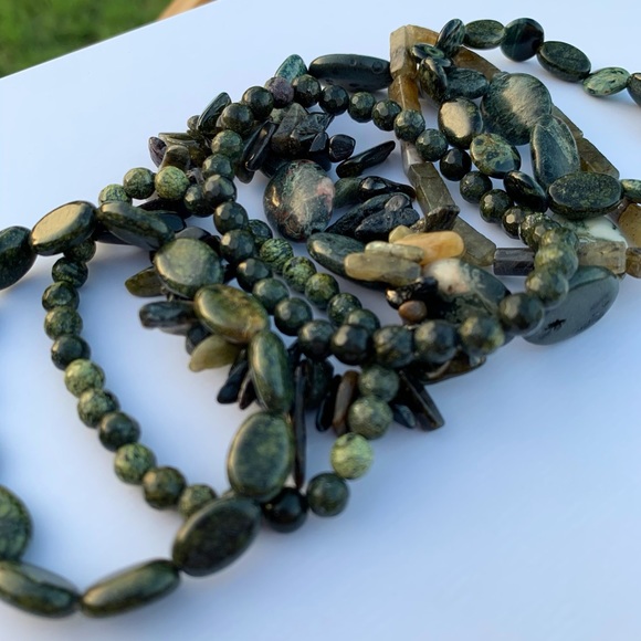 Natural Dark Green Jade & Serpentine Multicolored Gemstone Mixed Bead Bracelets - Picture 4 of 10